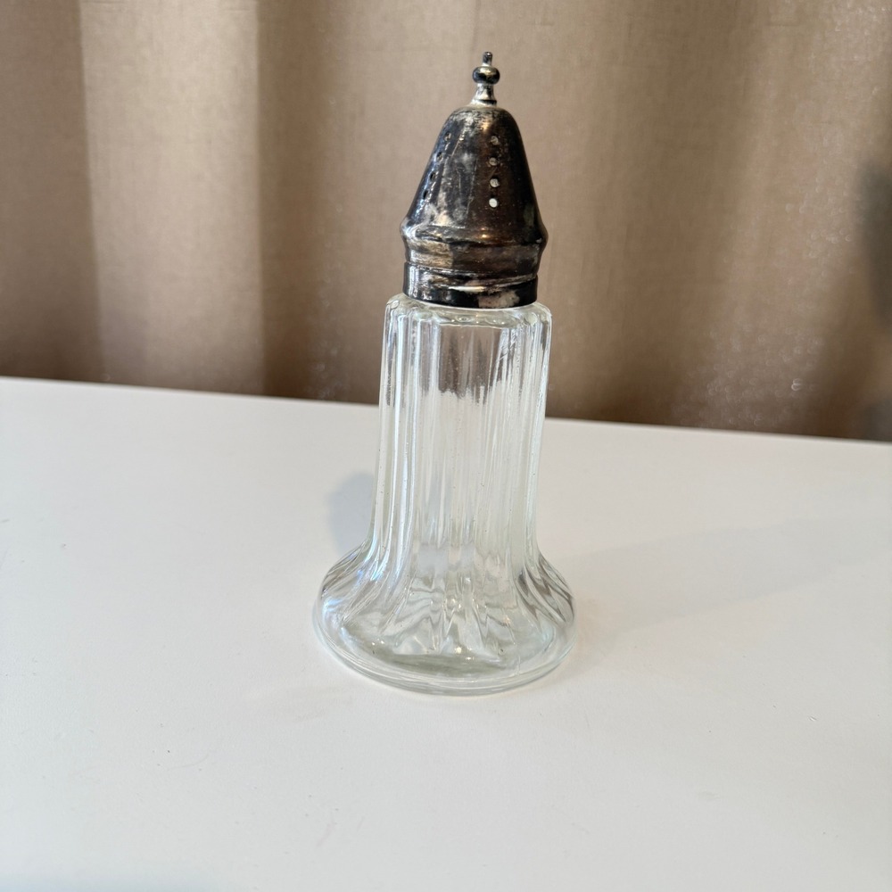 Vintage Fluted Glass Sugar Shaker with Silver Toned Perforated Lid